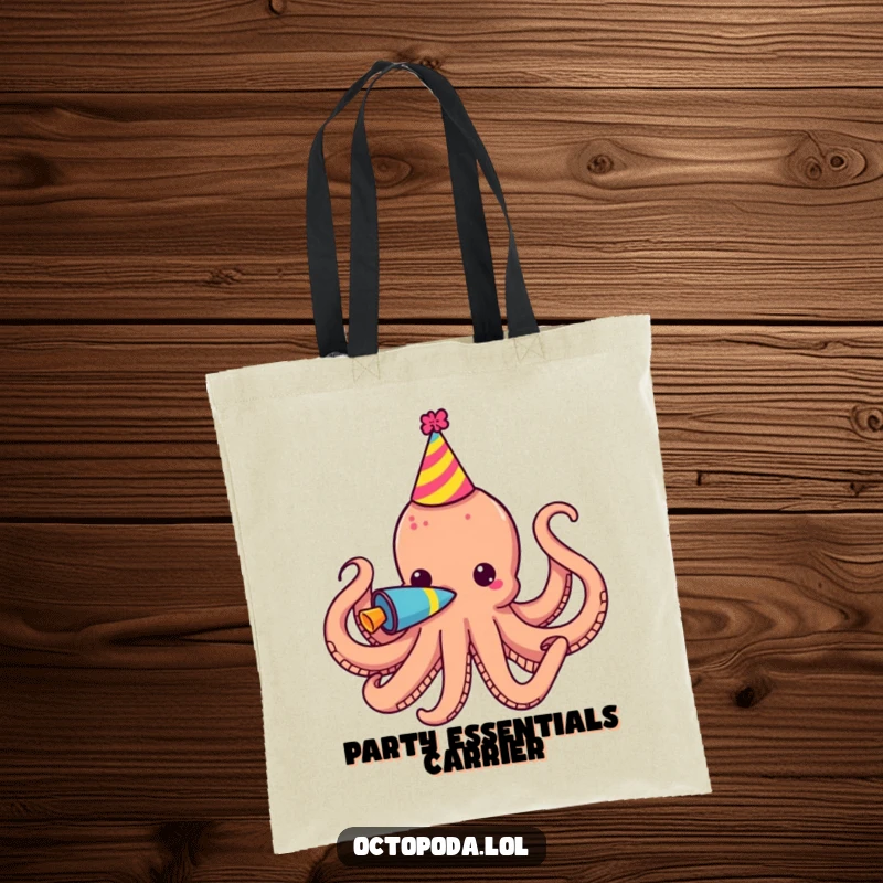Funny Tote Bag with a party octopus blowing a colorful horn, ideal for carrying party supplies and spreading cheer.