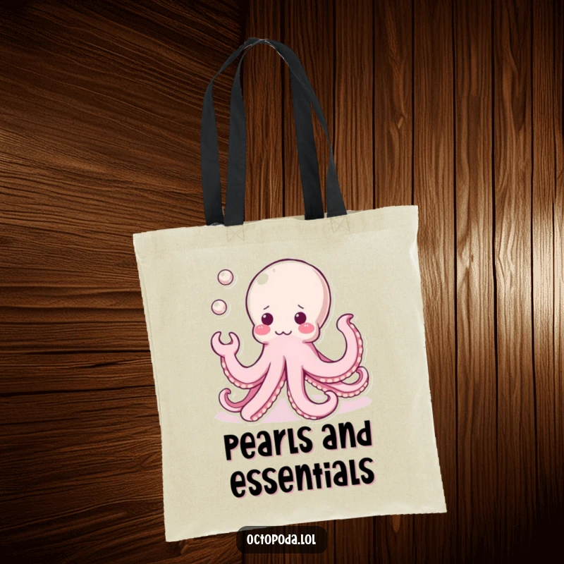 Funny Kawaii Octopus Tote Bag: A cute octopus juggling shiny pearls, perfect for carrying your items with adorable skill and style.